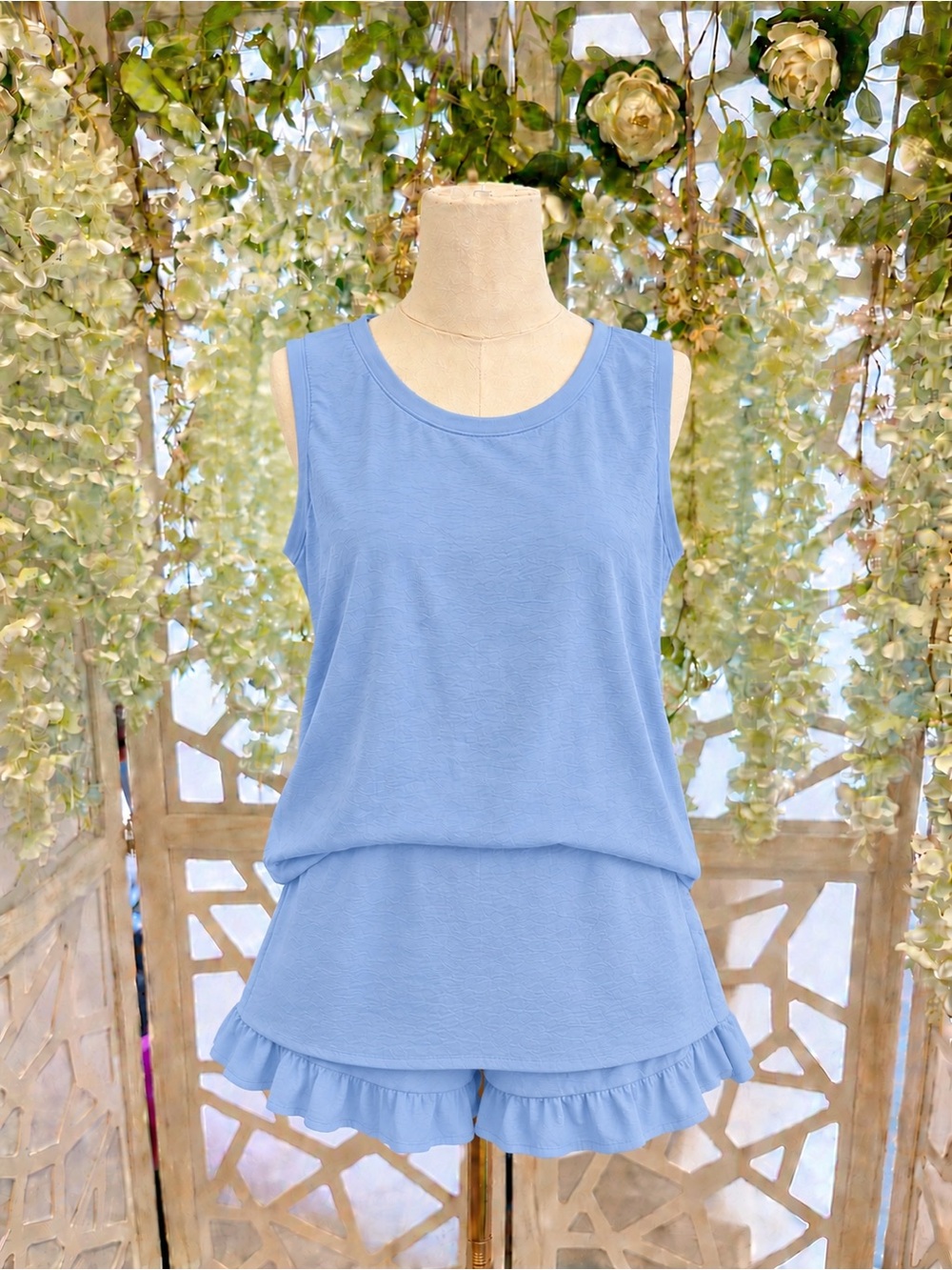 Women’s Light Blue Ruffle-Hem Sleep Tank & Short Set